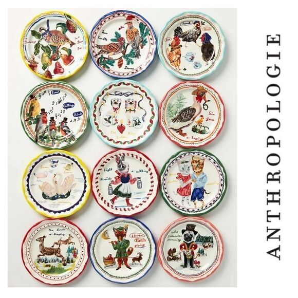 Anthropologie Nathalie Lete 12 Days of Christmas Dessert Plates - Set of… - Picture 1 of 8